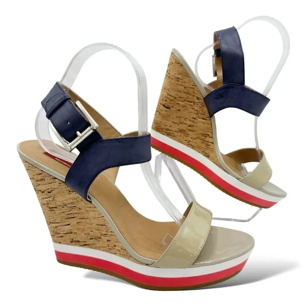 RED Saks Fifth Avenue Dana Wedge Sandal  Leather Cork Platform EU 41 US‎ 10.5